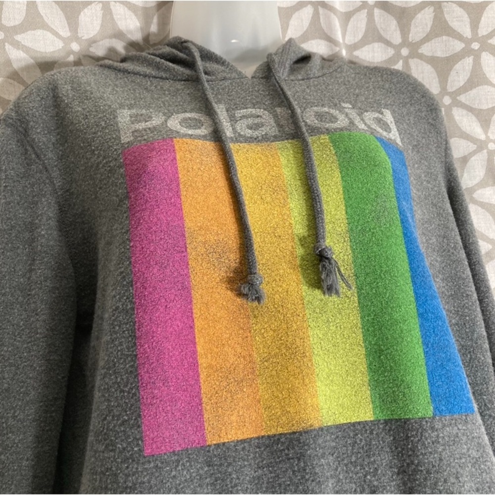 Polaroid Charcoal Hoodie with Colorful Stripe Design